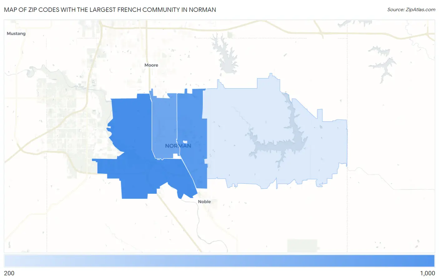 Zip Codes with the Largest French Community in Norman Map