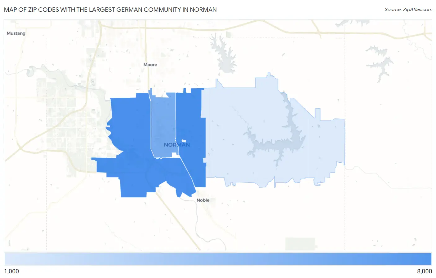 Zip Codes with the Largest German Community in Norman Map