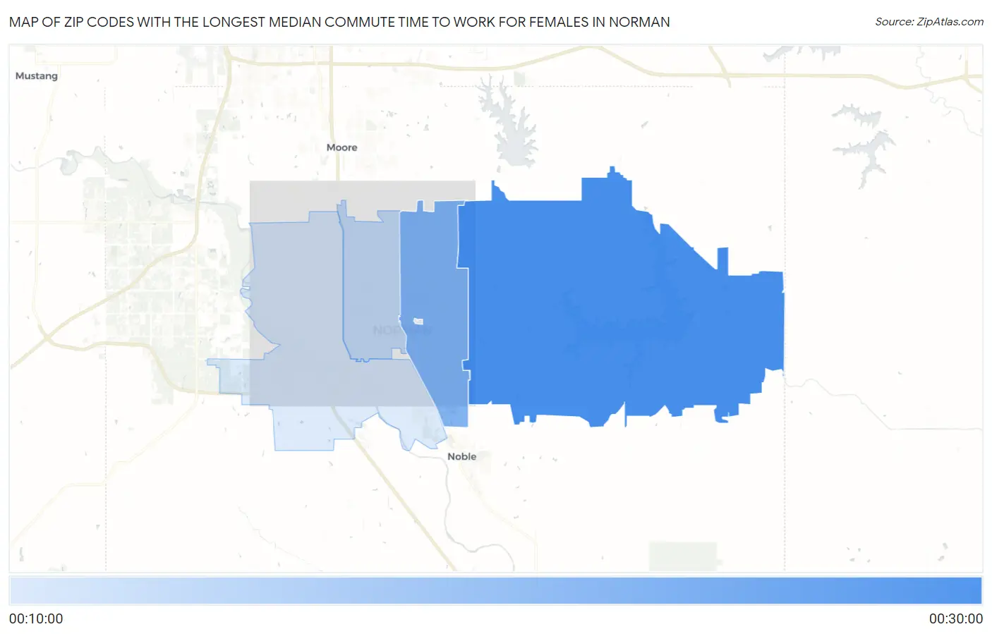 Zip Codes with the Longest Median Commute Time to Work for Females in Norman Map