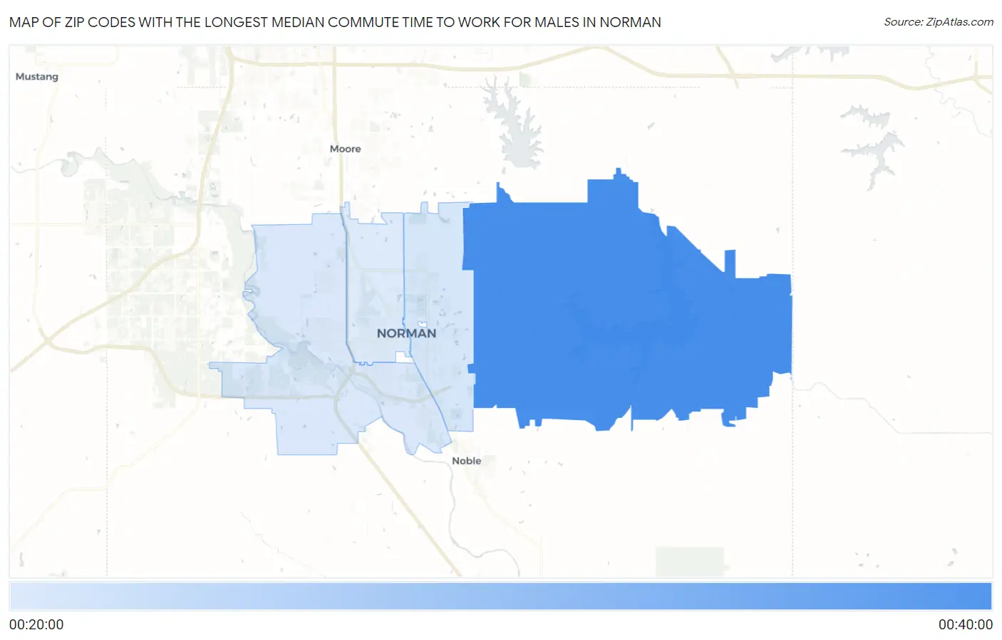 Zip Codes with the Longest Median Commute Time to Work for Males in Norman Map