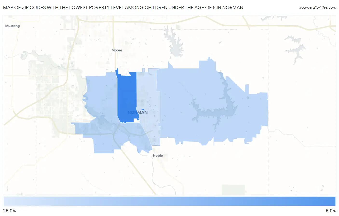 Zip Codes with the Lowest Poverty Level Among Children Under the Age of 5 in Norman Map