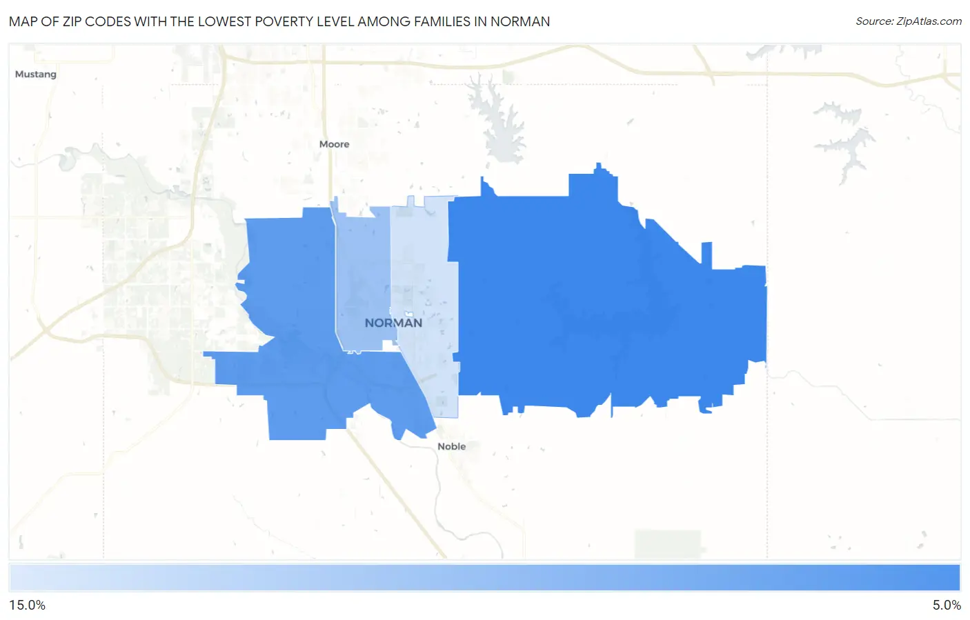 Zip Codes with the Lowest Poverty Level Among Families in Norman Map