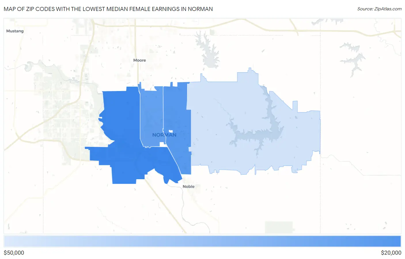 Zip Codes with the Lowest Median Female Earnings in Norman Map