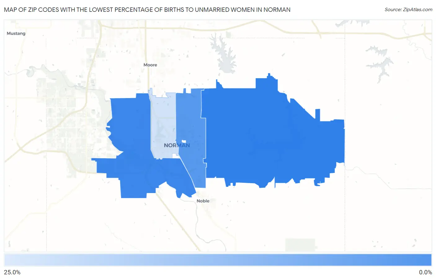 Zip Codes with the Lowest Percentage of Births to Unmarried Women in Norman Map