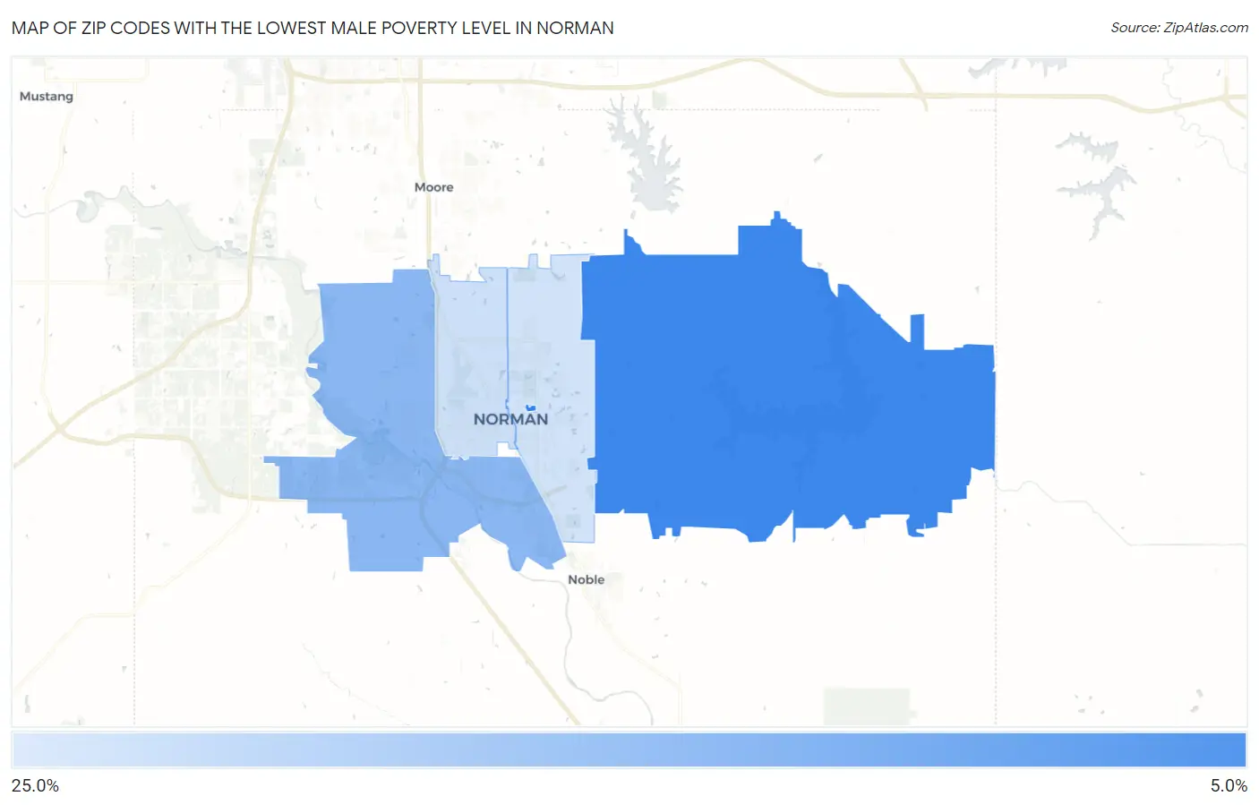 Zip Codes with the Lowest Male Poverty Level in Norman Map