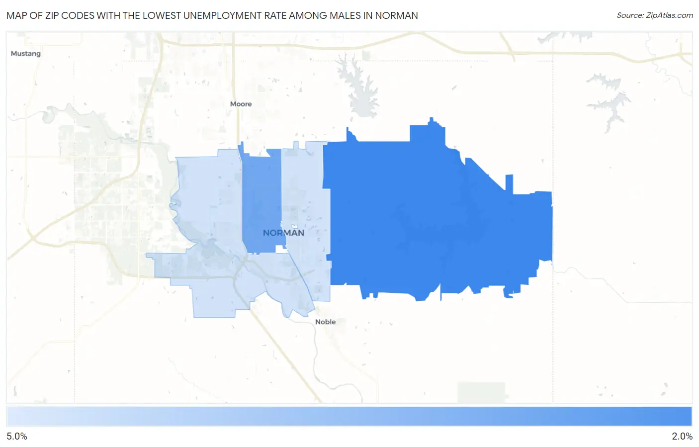 Zip Codes with the Lowest Unemployment Rate Among Males in Norman Map