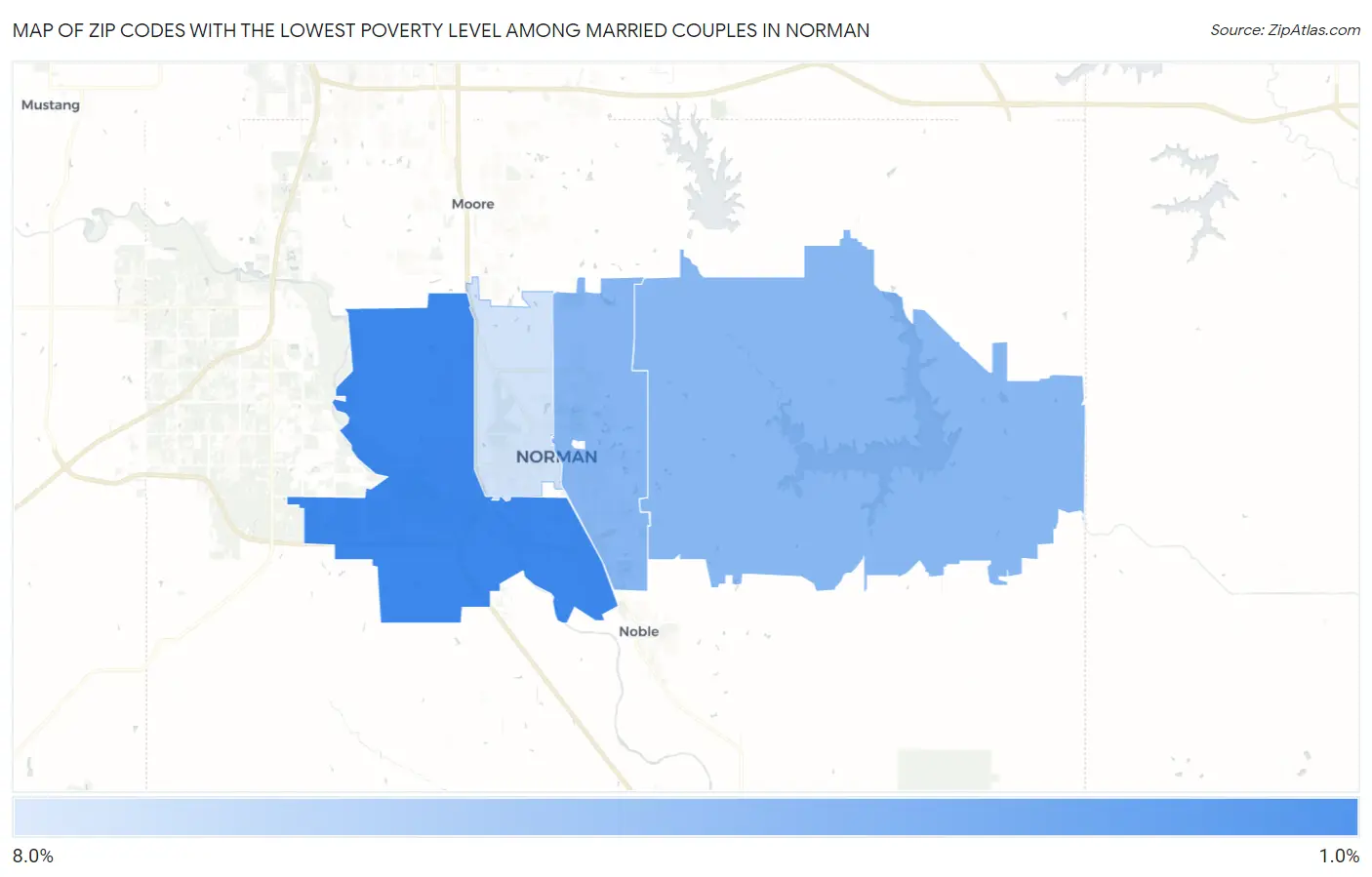 Zip Codes with the Lowest Poverty Level Among Married Couples in Norman Map