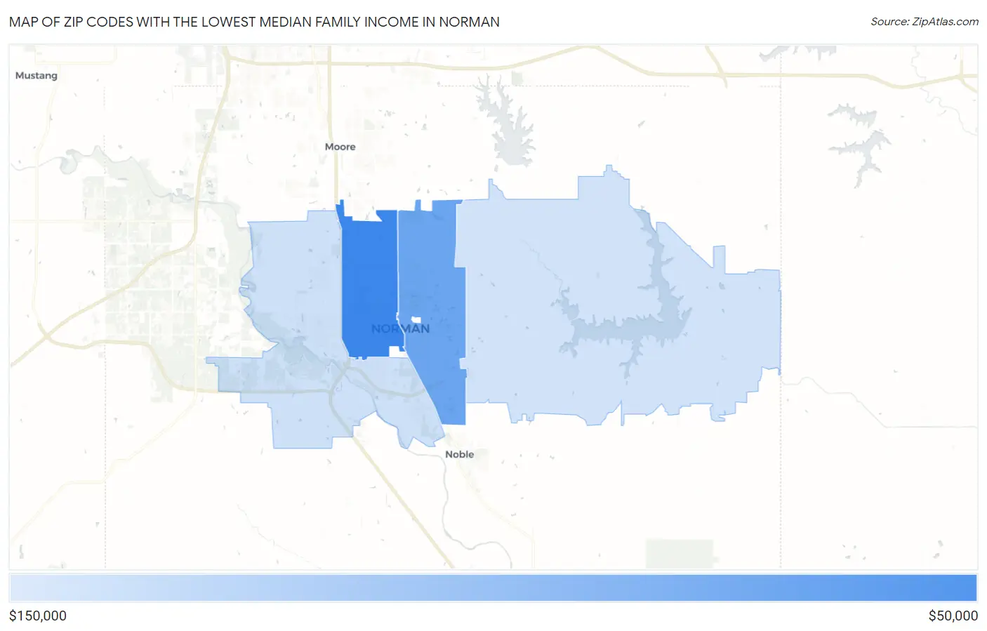 Zip Codes with the Lowest Median Family Income in Norman Map