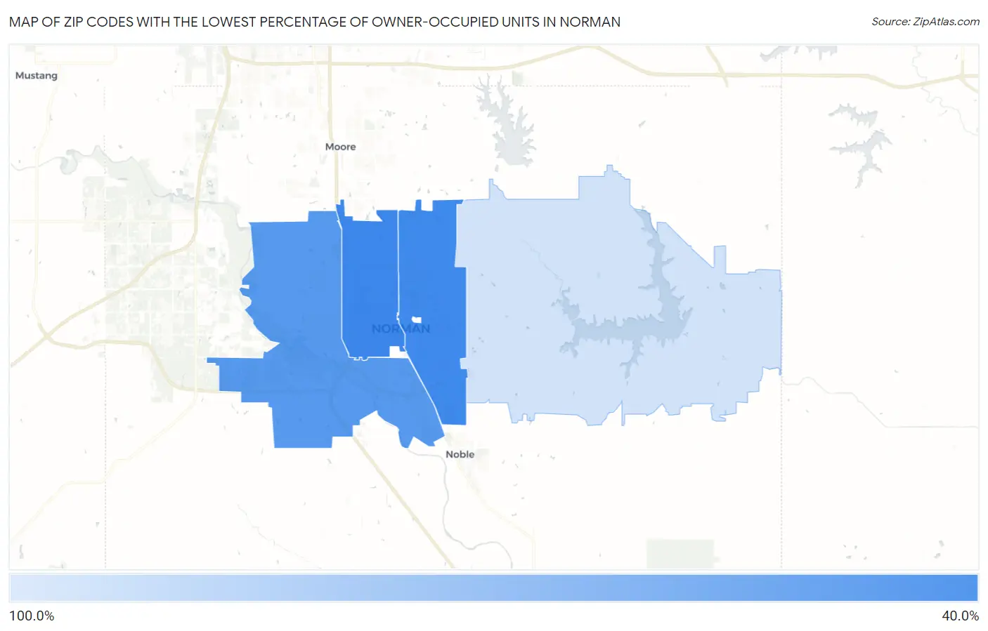 Zip Codes with the Lowest Percentage of Owner-Occupied Units in Norman Map
