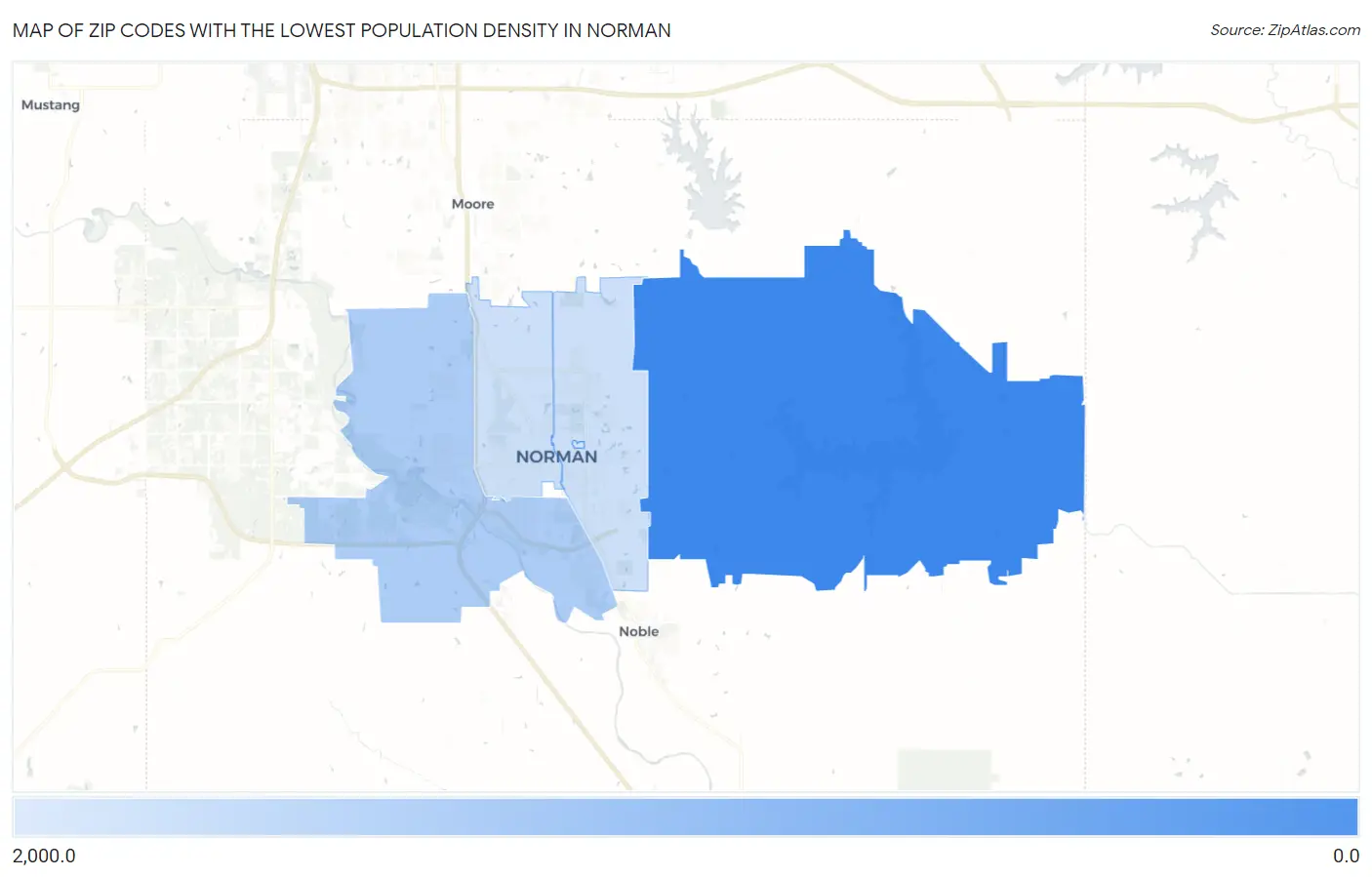 Zip Codes with the Lowest Population Density in Norman Map