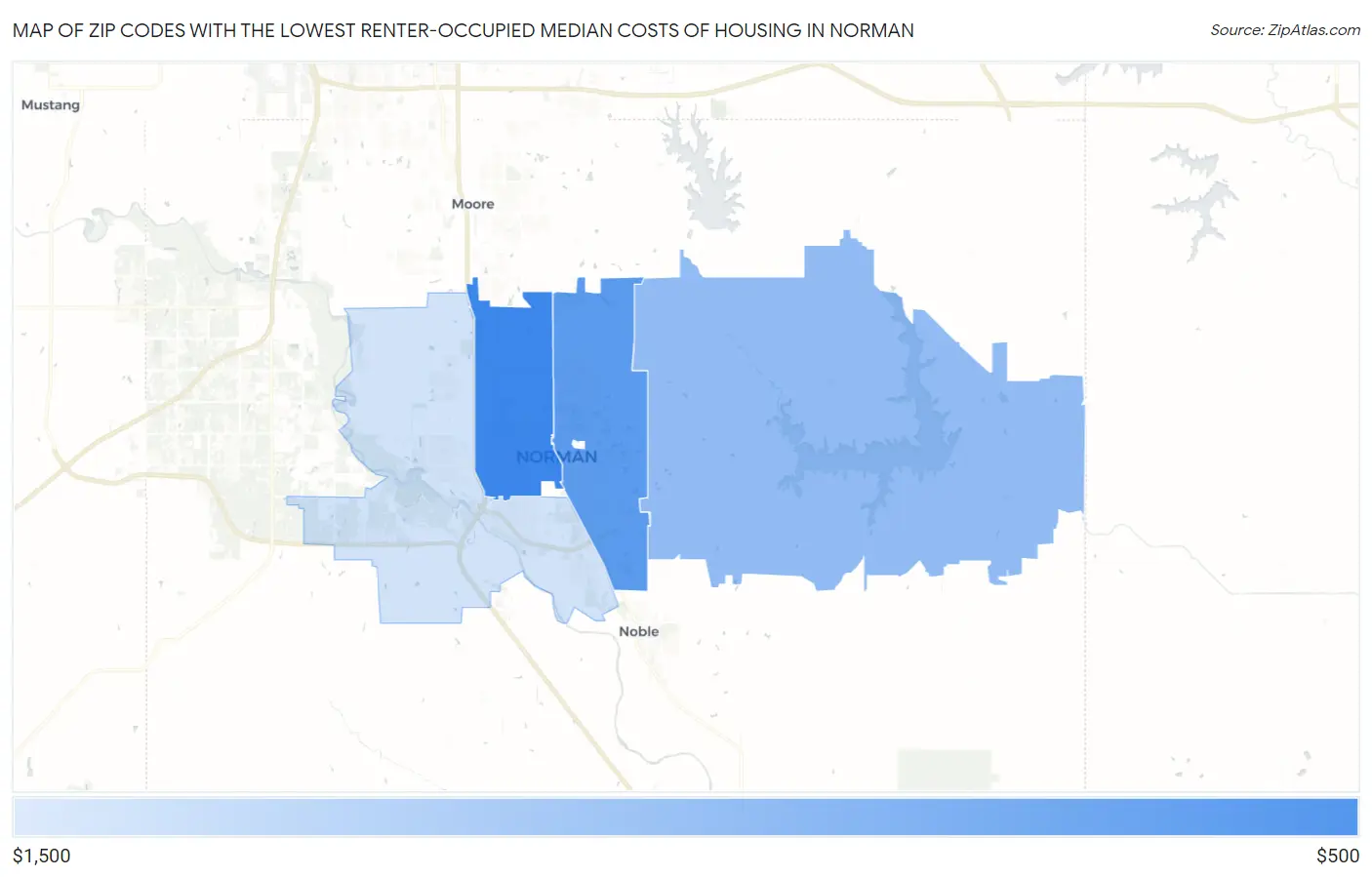 Zip Codes with the Lowest Renter-Occupied Median Costs of Housing in Norman Map