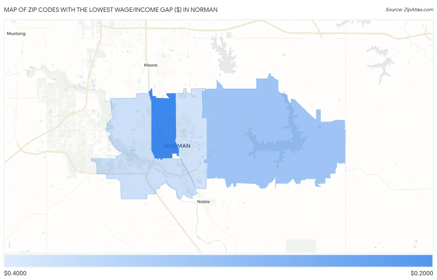 Zip Codes with the Lowest Wage/Income Gap ($) in Norman Map
