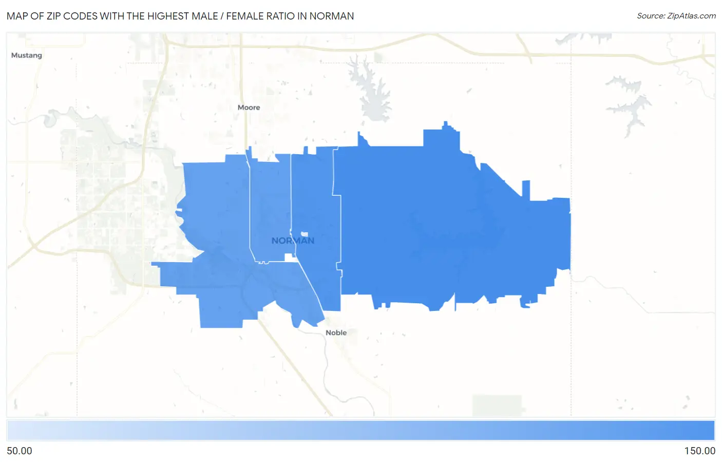 Zip Codes with the Highest Male / Female Ratio in Norman Map