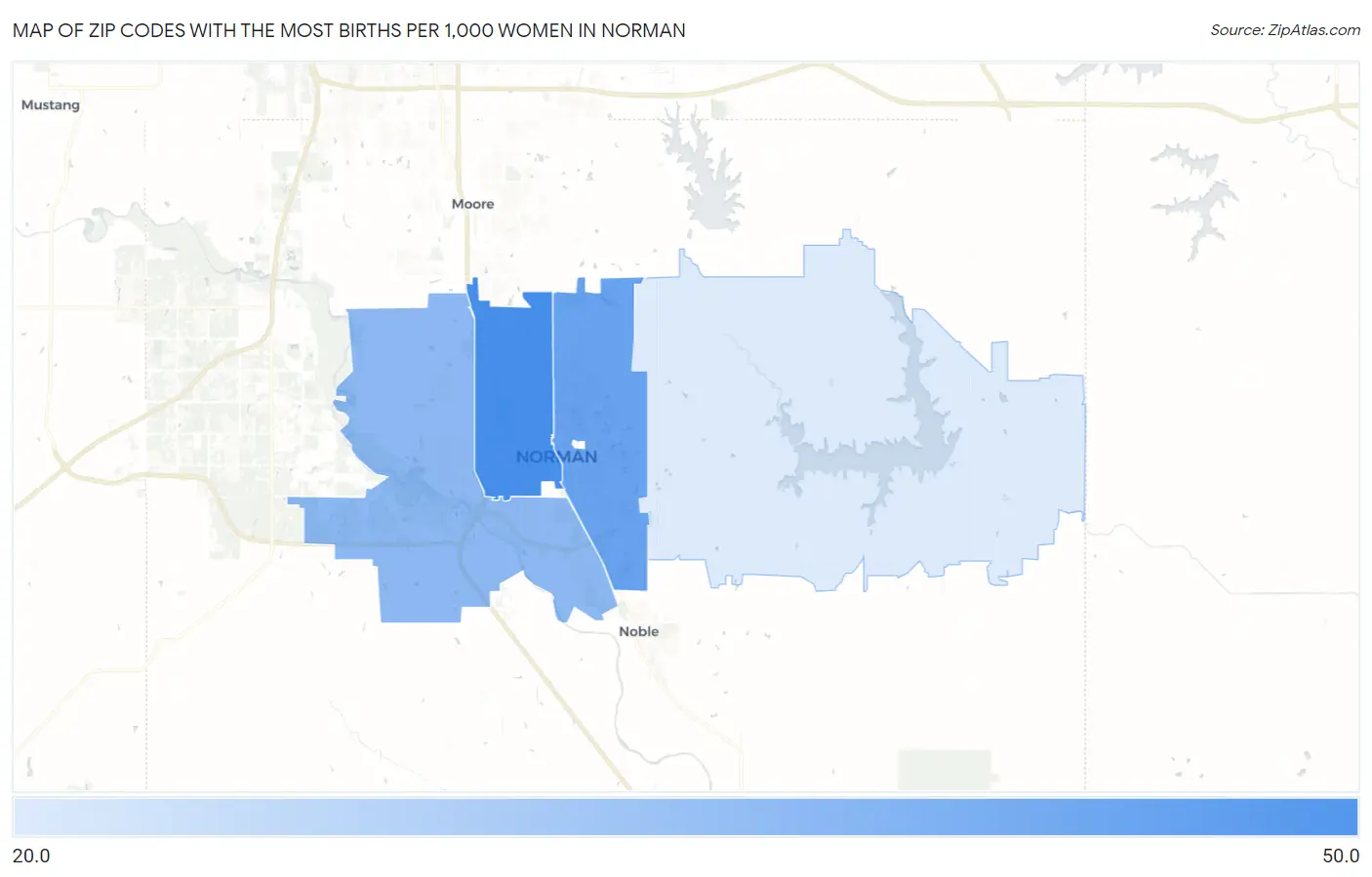 Zip Codes with the Most Births per 1,000 Women in Norman Map