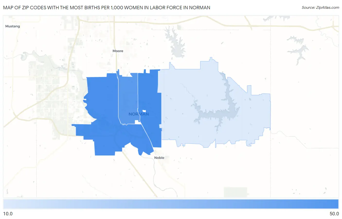 Zip Codes with the Most Births per 1,000 Women in Labor Force in Norman Map