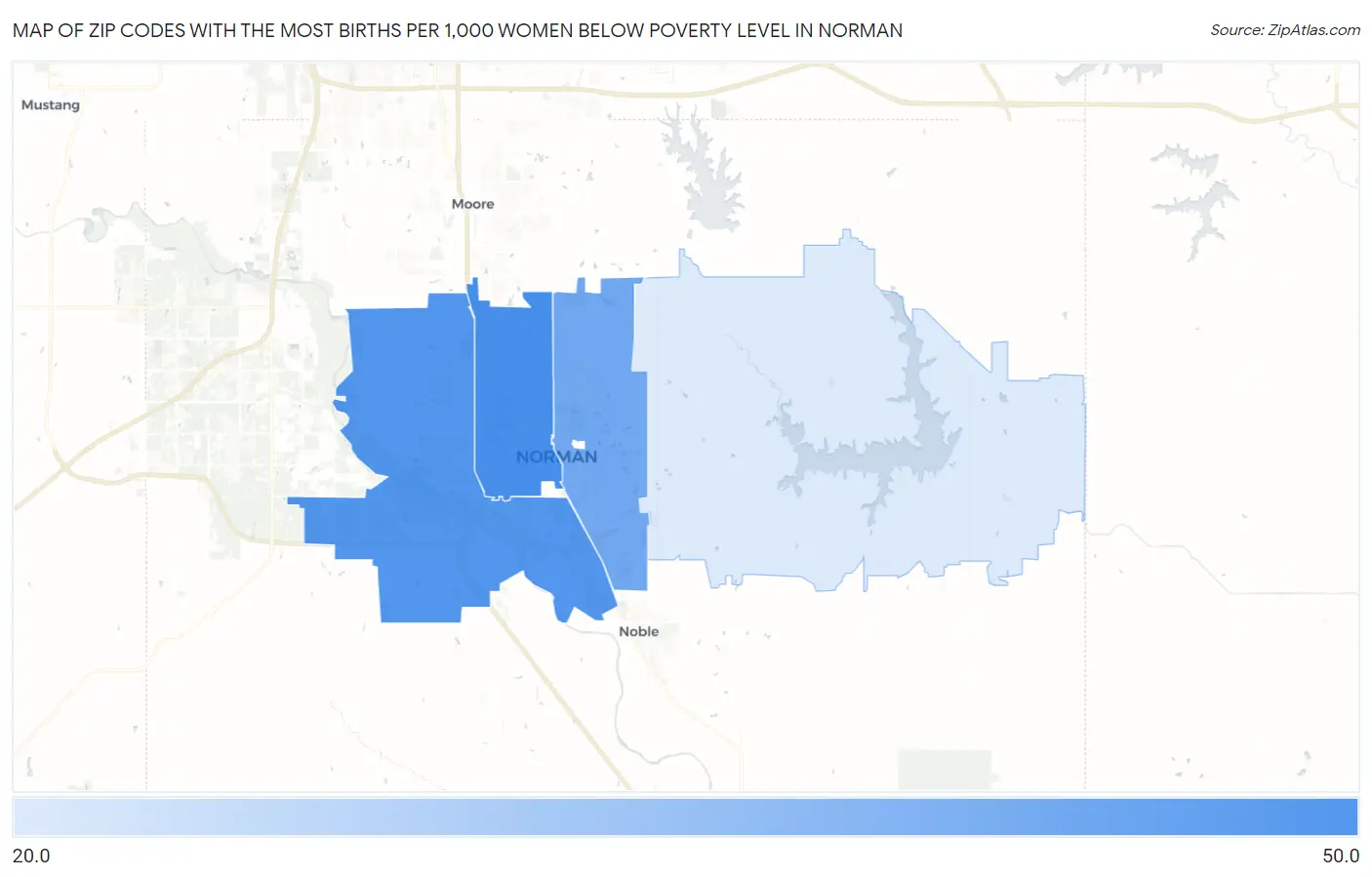 Zip Codes with the Most Births per 1,000 Women Below Poverty Level in Norman Map