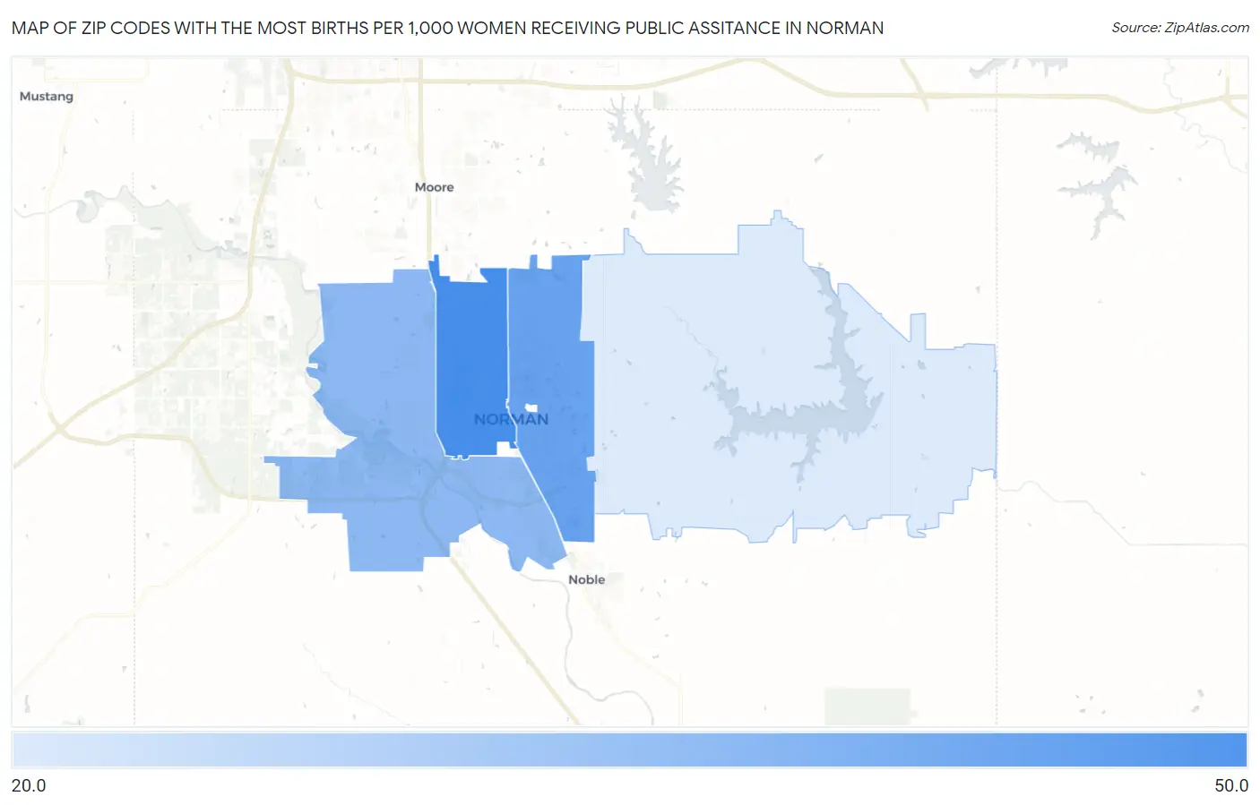 Zip Codes with the Most Births per 1,000 Women Receiving Public Assitance in Norman Map