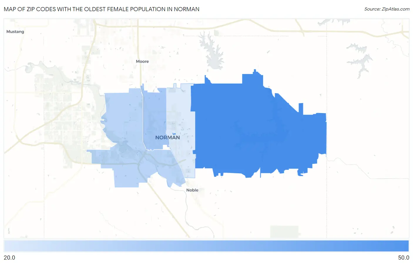Zip Codes with the Oldest Female Population in Norman Map