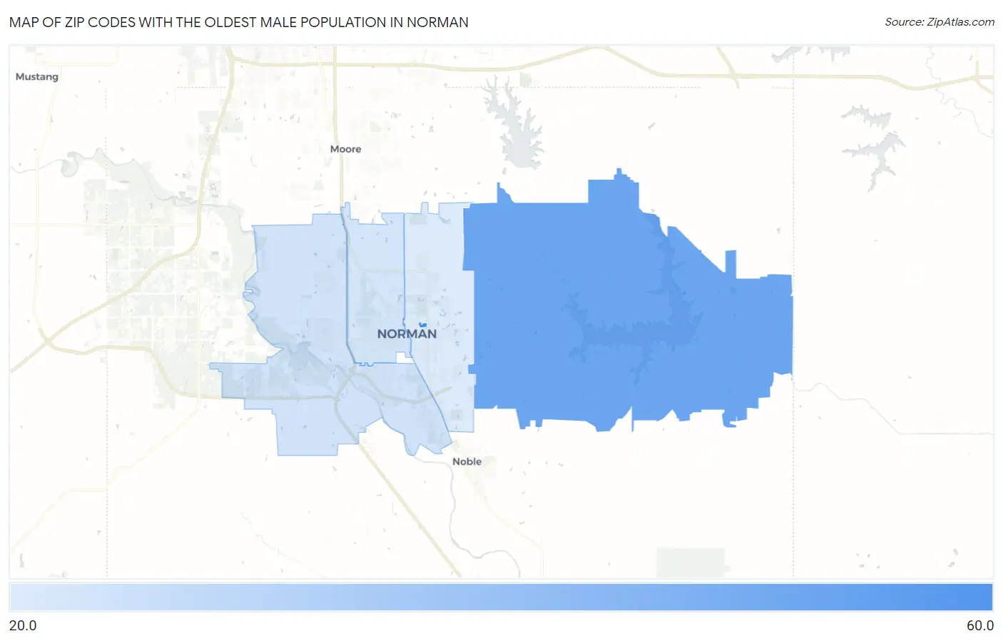 Zip Codes with the Oldest Male Population in Norman Map