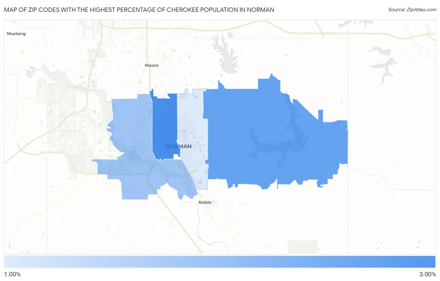Zip Codes with the Highest Percentage of Cherokee Population in Norman Map