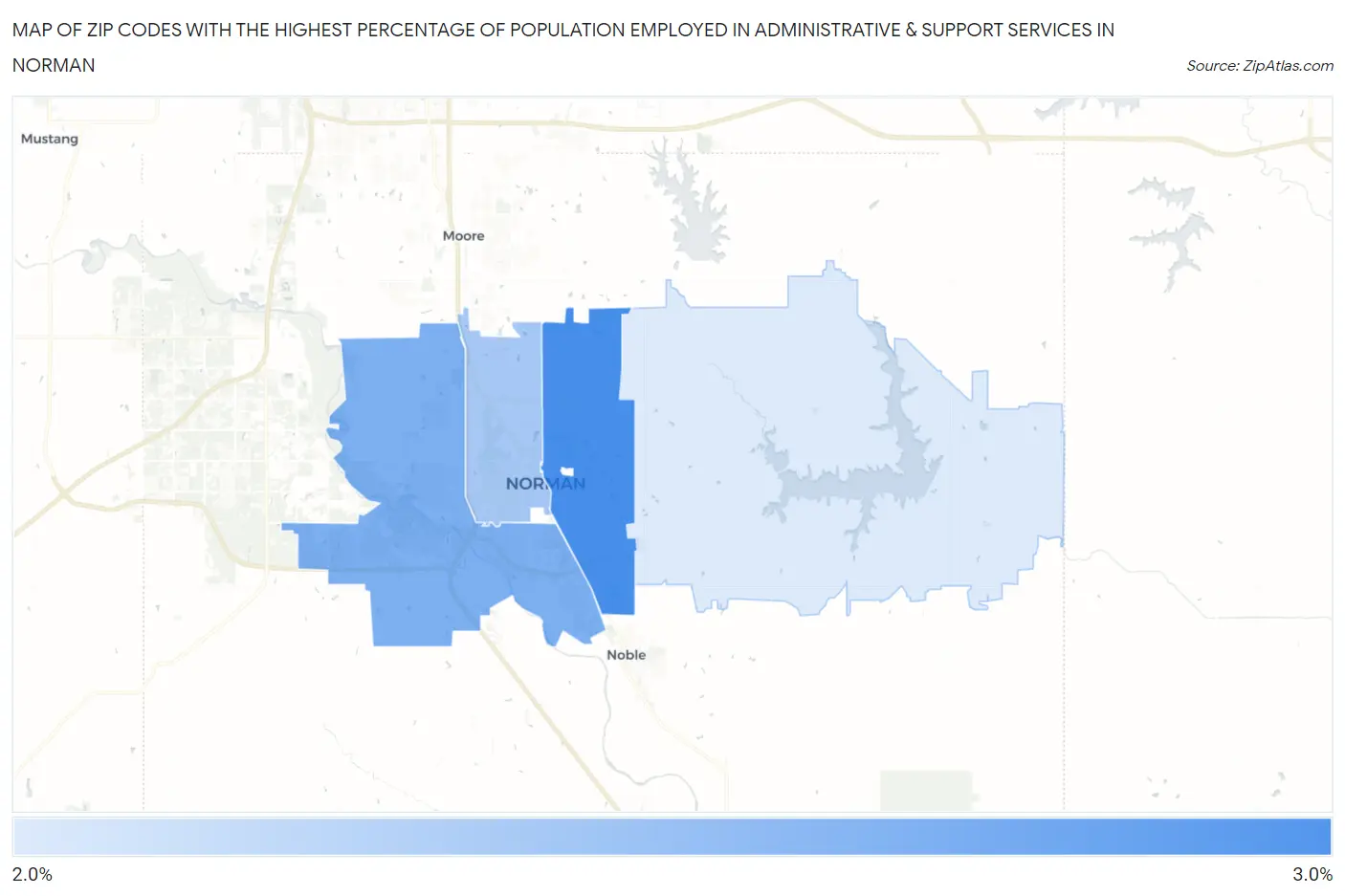Zip Codes with the Highest Percentage of Population Employed in Administrative & Support Services in Norman Map