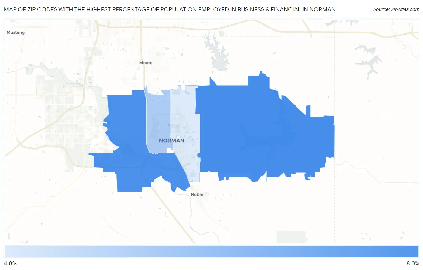 Zip Codes with the Highest Percentage of Population Employed in Business & Financial in Norman Map
