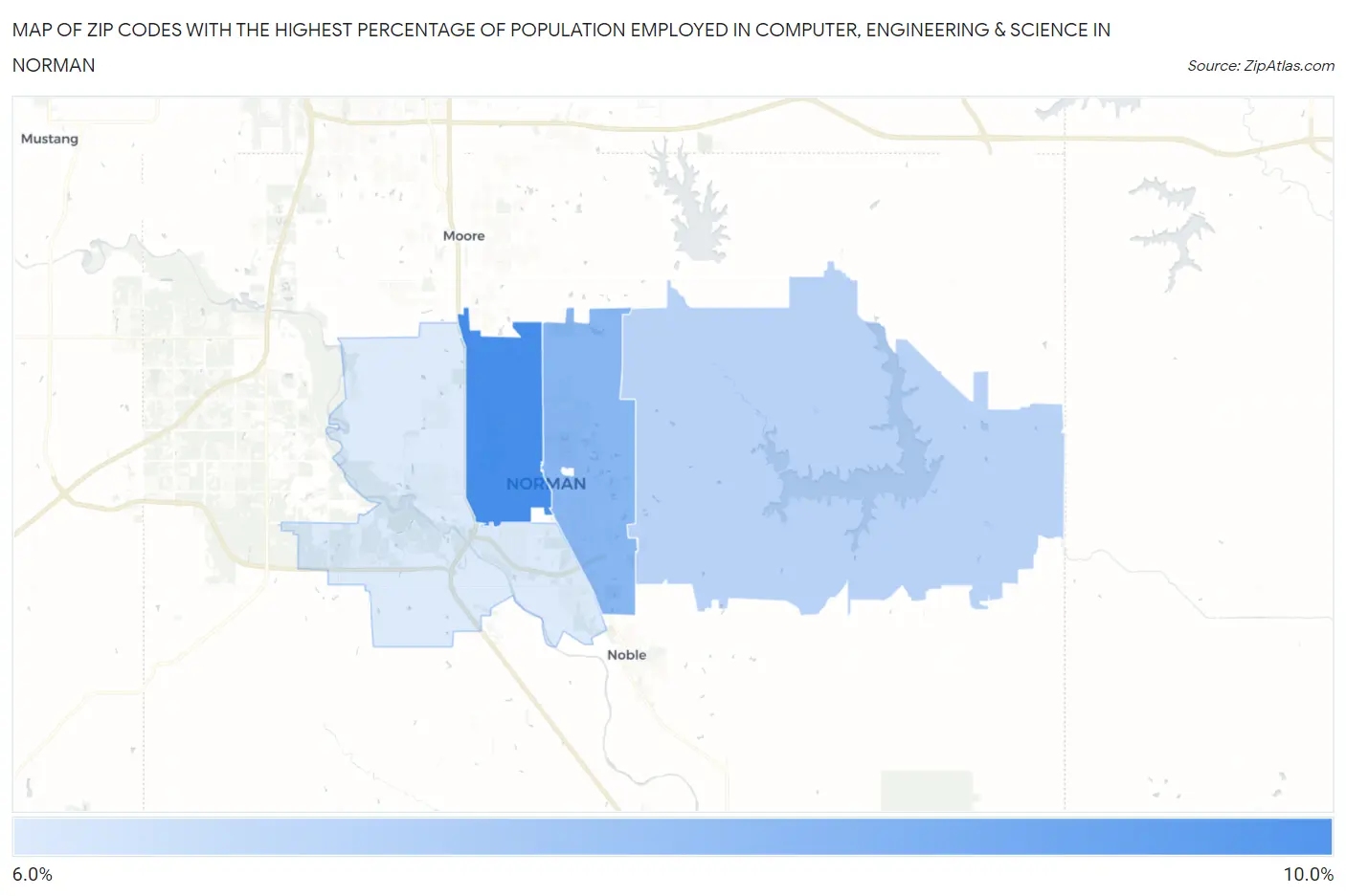 Zip Codes with the Highest Percentage of Population Employed in Computer, Engineering & Science in Norman Map