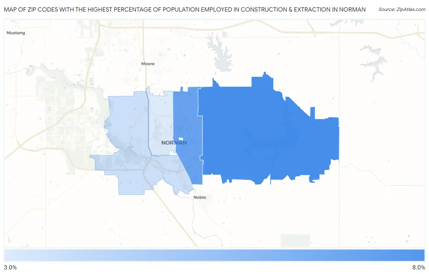 Zip Codes with the Highest Percentage of Population Employed in Construction & Extraction in Norman Map