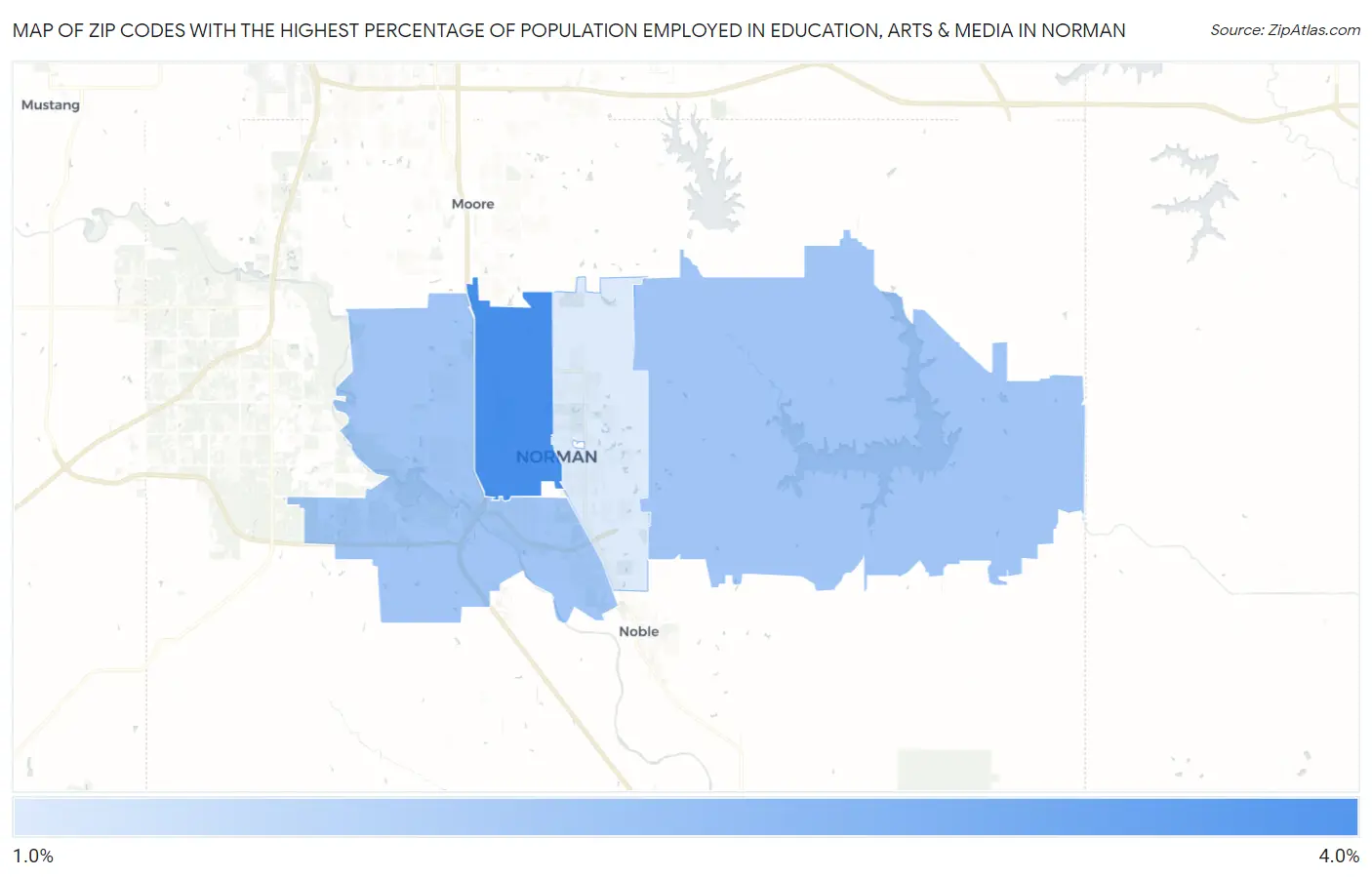 Zip Codes with the Highest Percentage of Population Employed in Education, Arts & Media in Norman Map