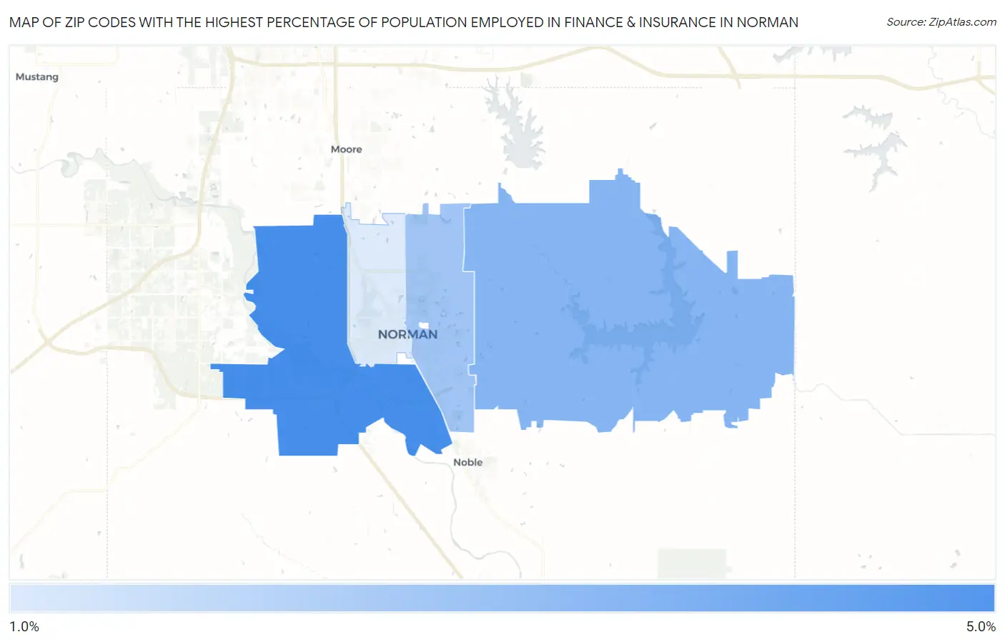 Zip Codes with the Highest Percentage of Population Employed in Finance & Insurance in Norman Map