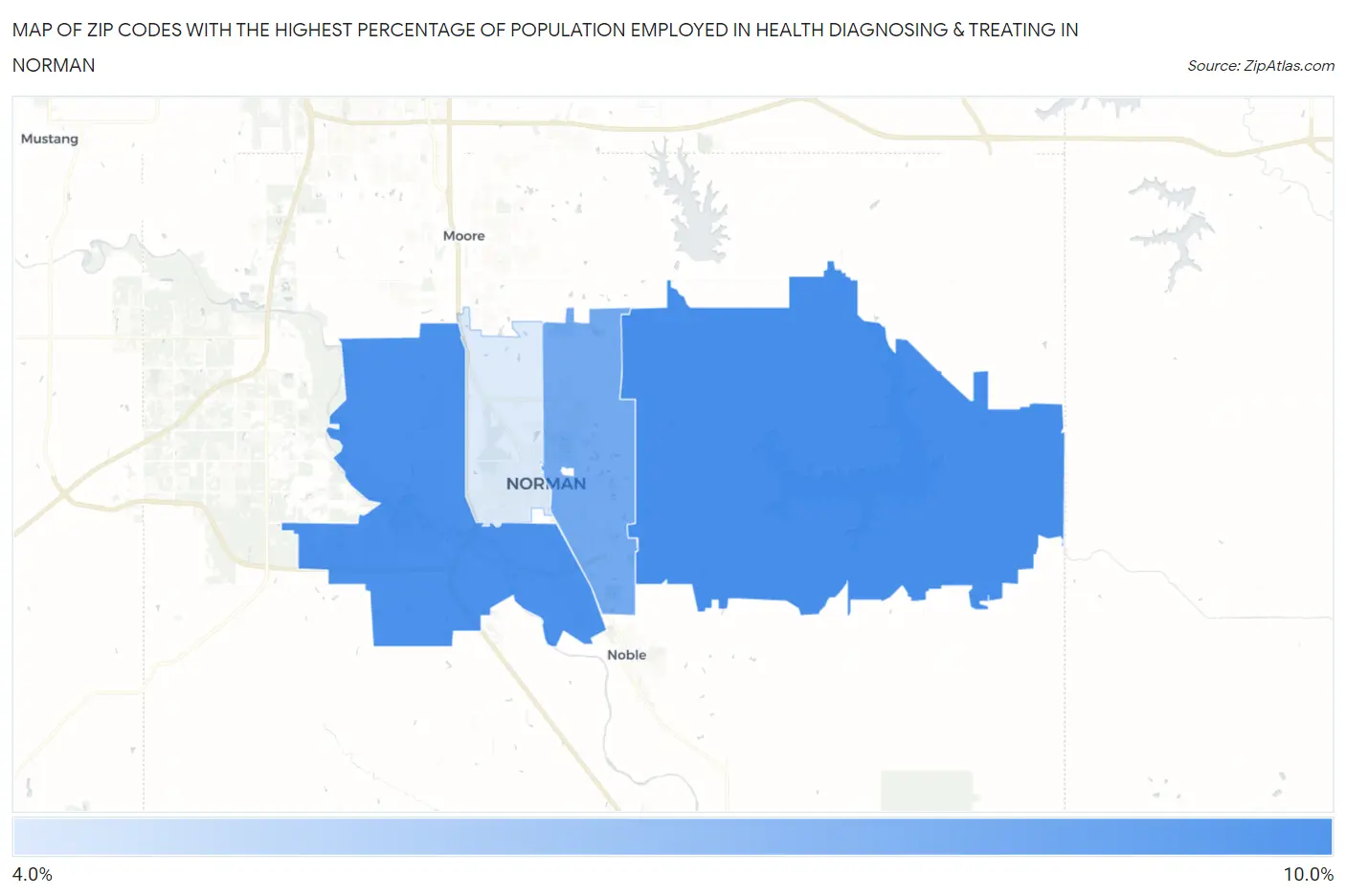 Zip Codes with the Highest Percentage of Population Employed in Health Diagnosing & Treating in Norman Map