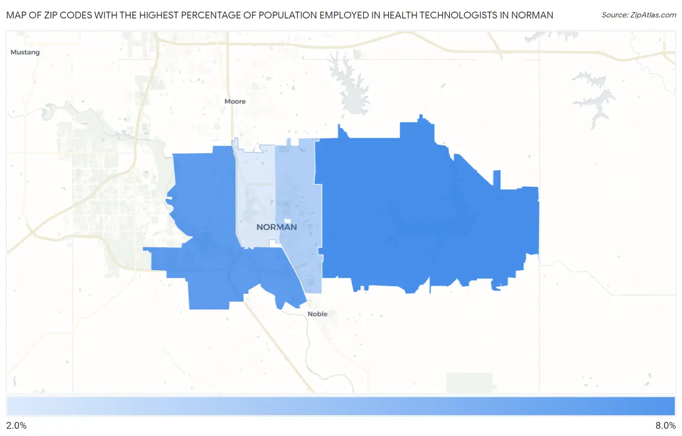 Zip Codes with the Highest Percentage of Population Employed in Health Technologists in Norman Map