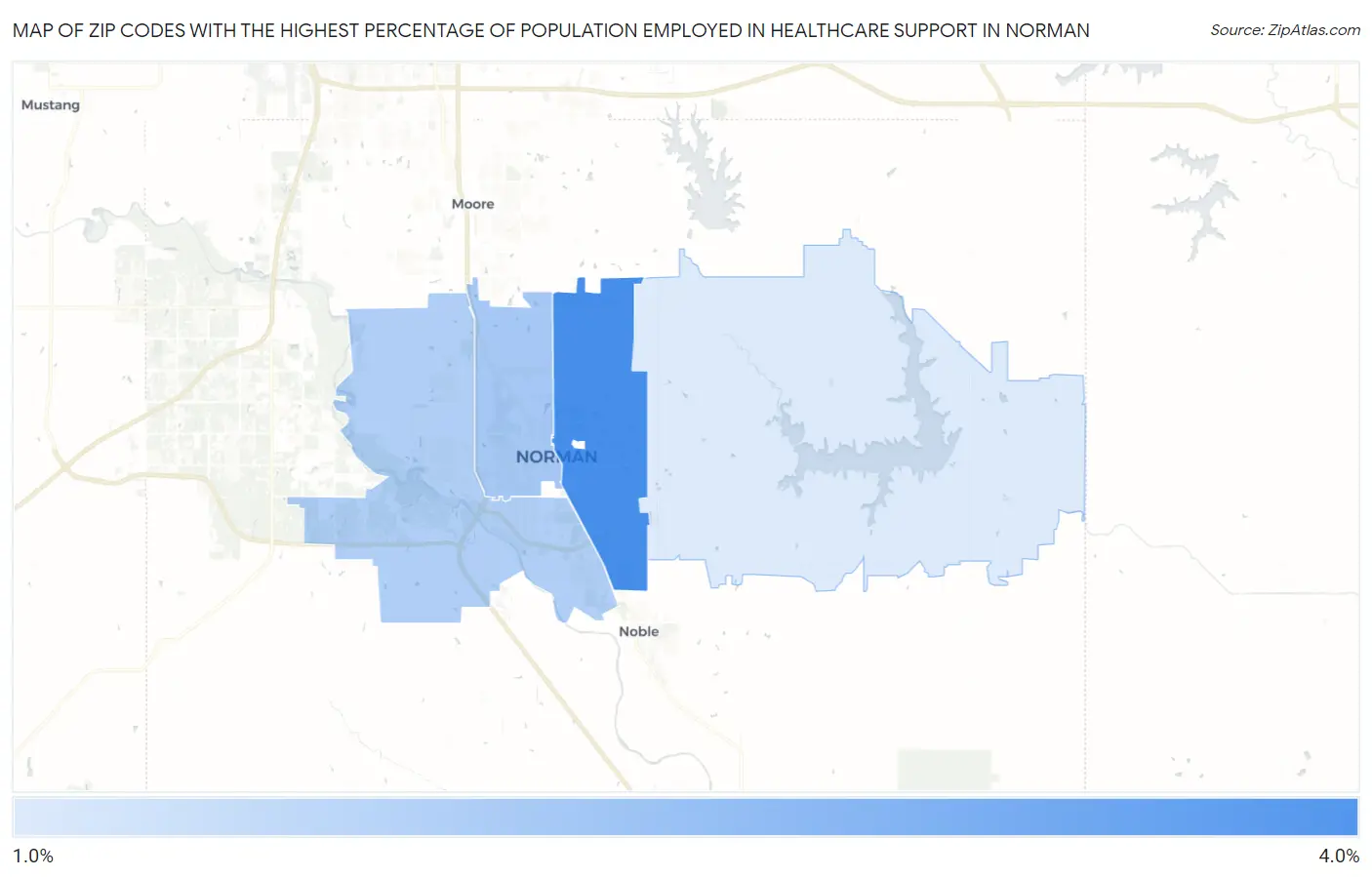 Zip Codes with the Highest Percentage of Population Employed in Healthcare Support in Norman Map