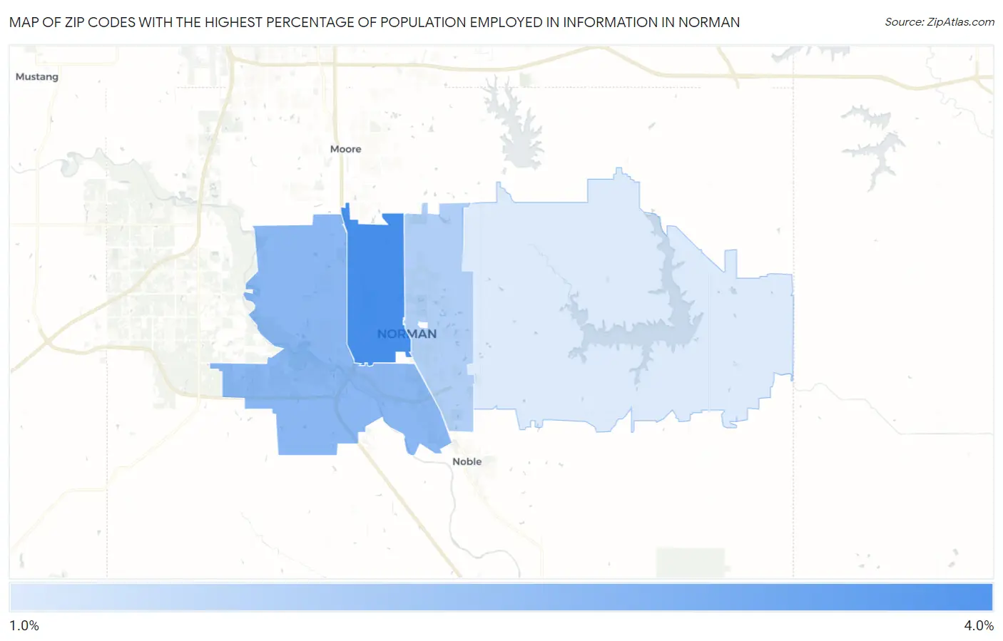 Zip Codes with the Highest Percentage of Population Employed in Information in Norman Map