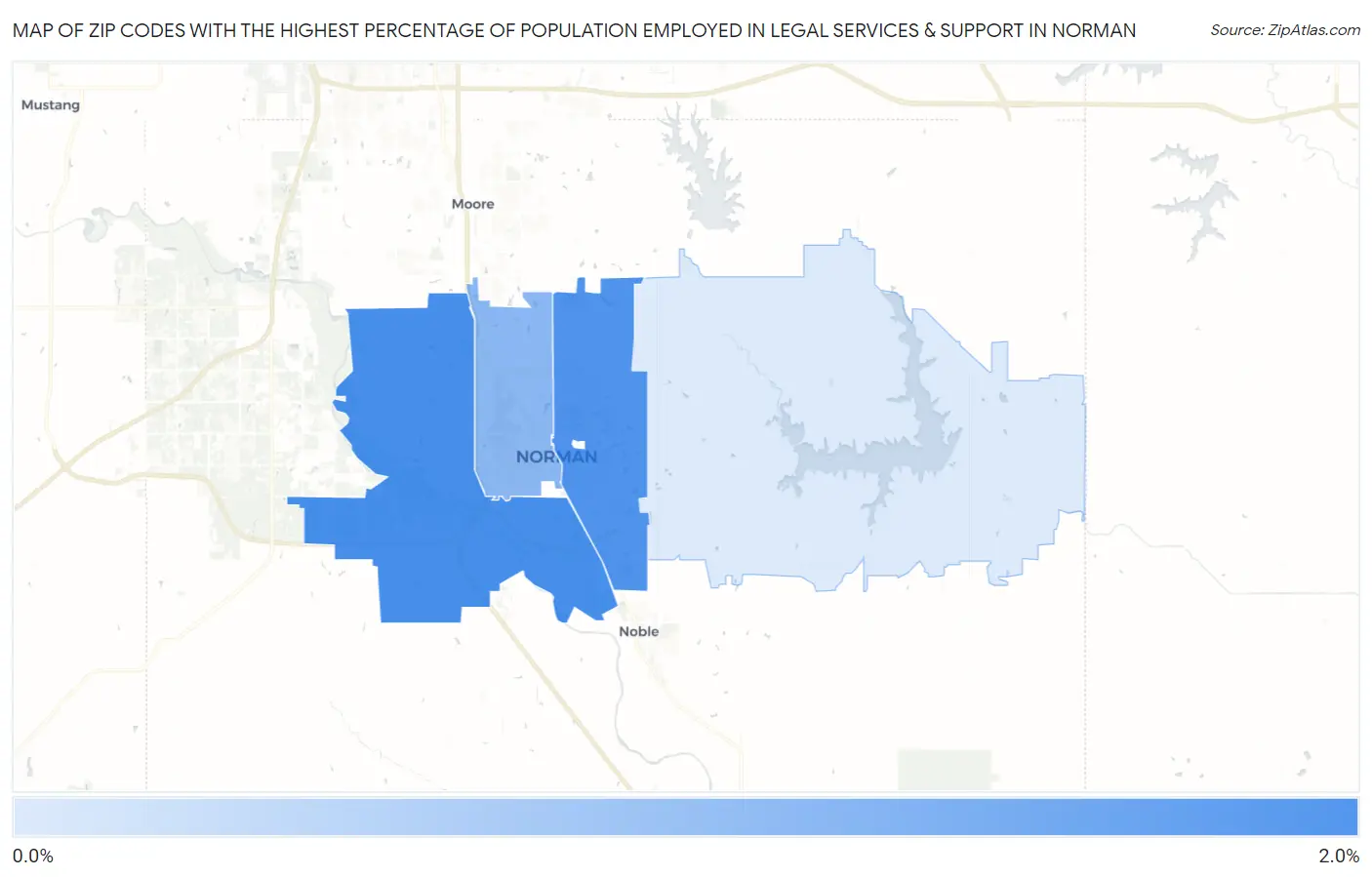 Zip Codes with the Highest Percentage of Population Employed in Legal Services & Support in Norman Map