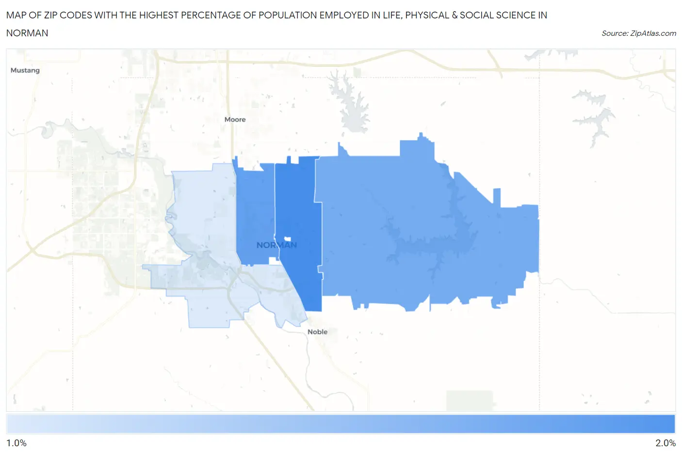 Zip Codes with the Highest Percentage of Population Employed in Life, Physical & Social Science in Norman Map