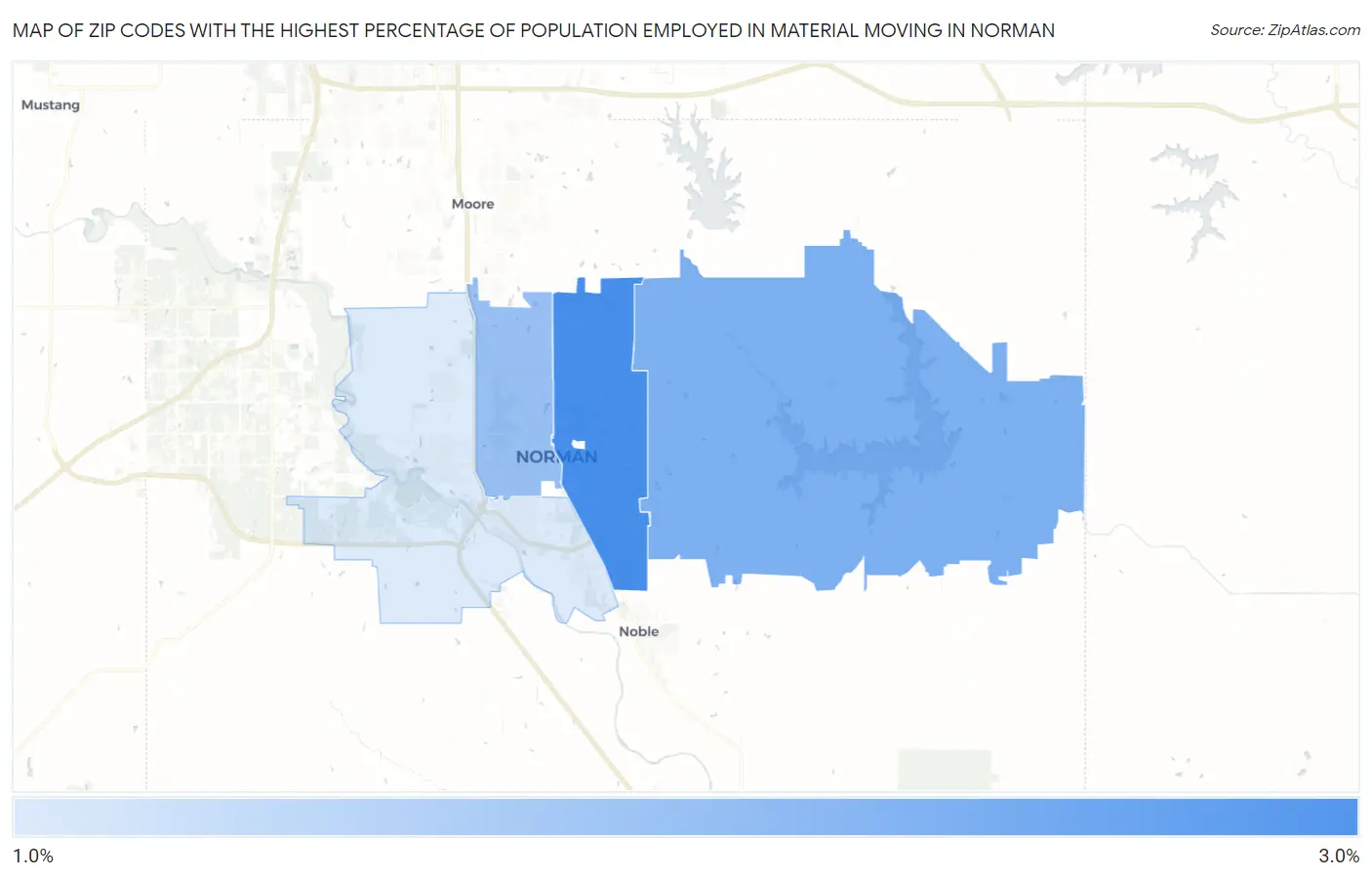 Zip Codes with the Highest Percentage of Population Employed in Material Moving in Norman Map