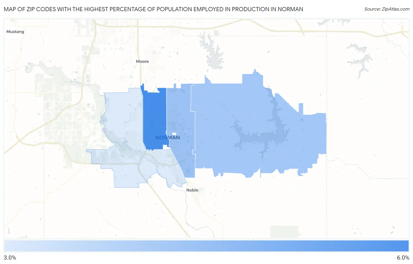 Zip Codes with the Highest Percentage of Population Employed in Production in Norman Map