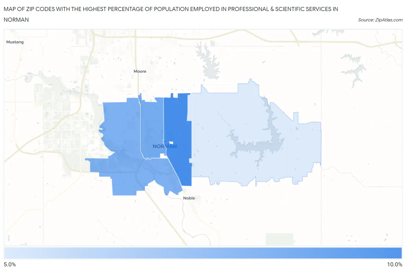 Zip Codes with the Highest Percentage of Population Employed in Professional & Scientific Services in Norman Map