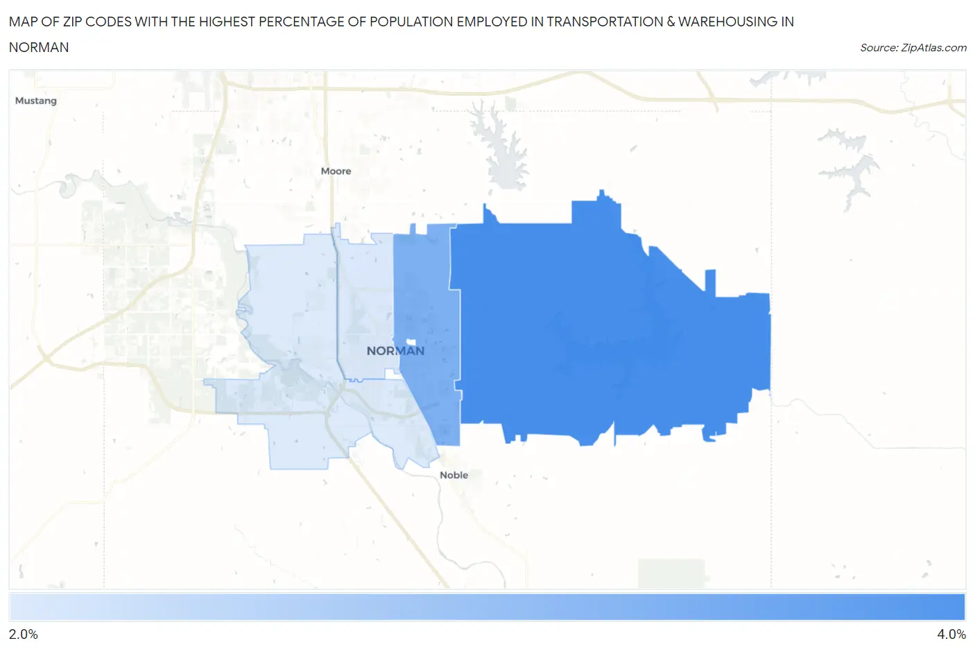 Zip Codes with the Highest Percentage of Population Employed in Transportation & Warehousing in Norman Map