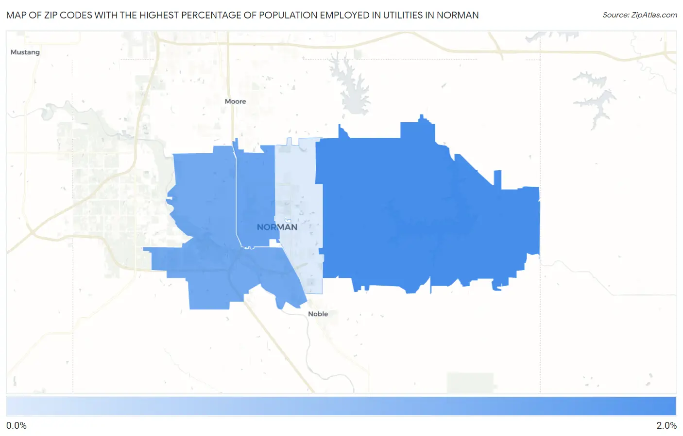 Zip Codes with the Highest Percentage of Population Employed in Utilities in Norman Map