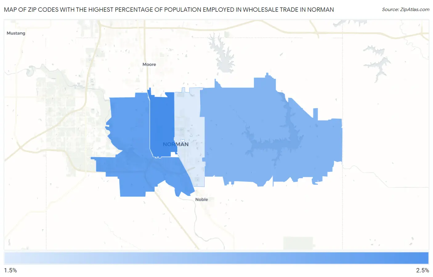 Zip Codes with the Highest Percentage of Population Employed in Wholesale Trade in Norman Map