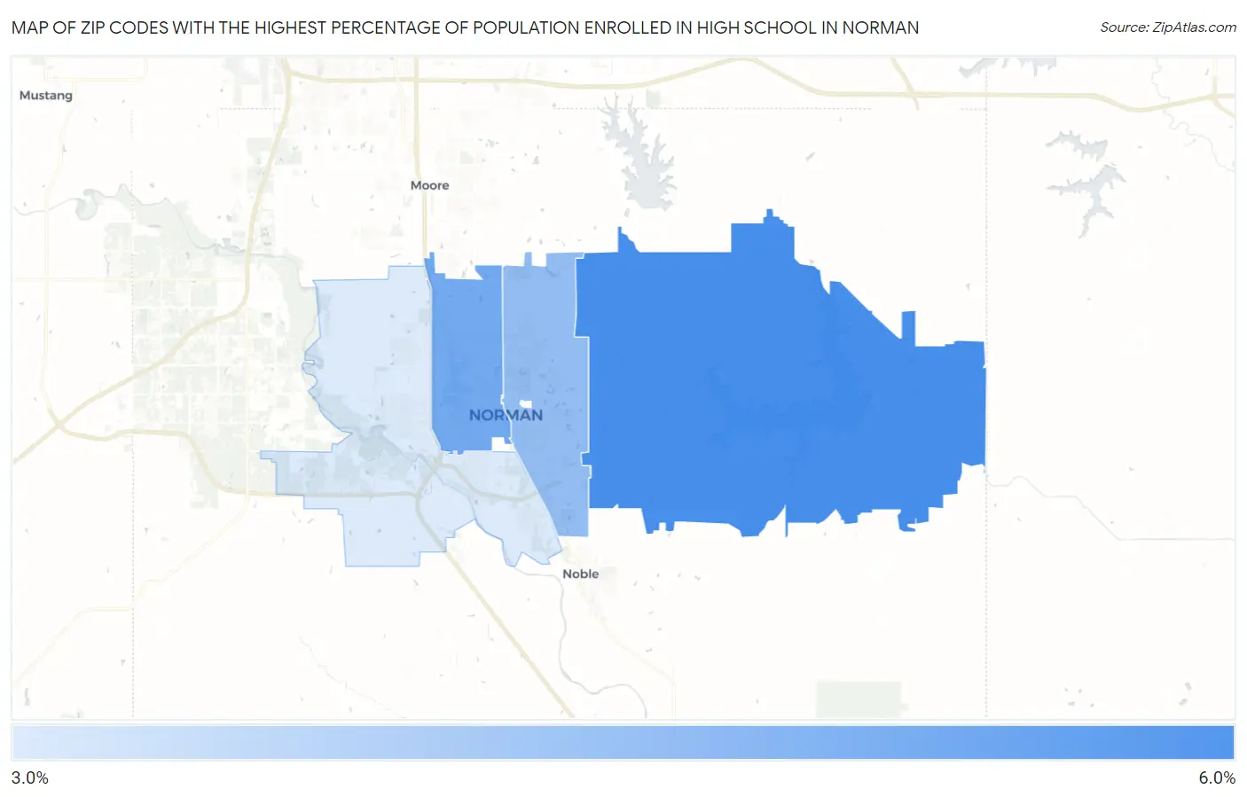 Zip Codes with the Highest Percentage of Population Enrolled in High School in Norman Map