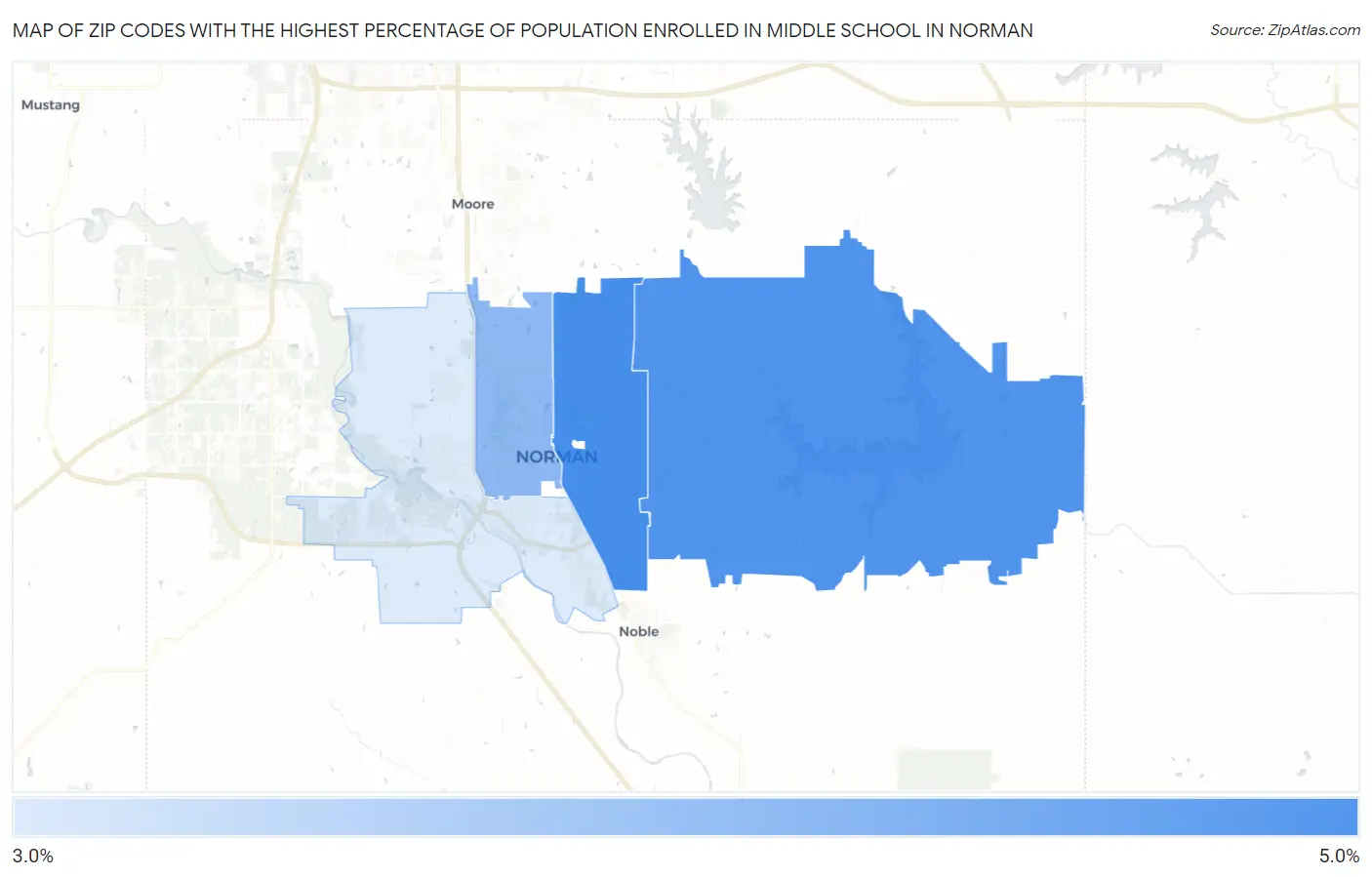 Zip Codes with the Highest Percentage of Population Enrolled in Middle School in Norman Map