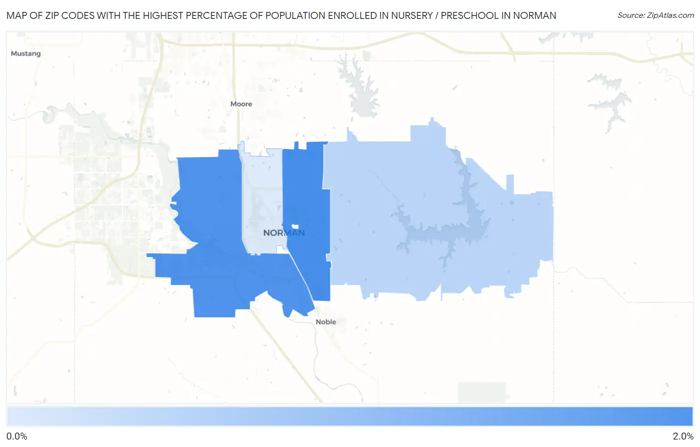 Zip Codes with the Highest Percentage of Population Enrolled in Nursery / Preschool in Norman Map