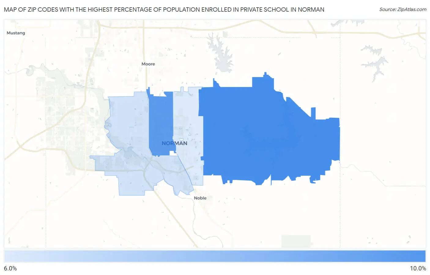 Zip Codes with the Highest Percentage of Population Enrolled in Private School in Norman Map