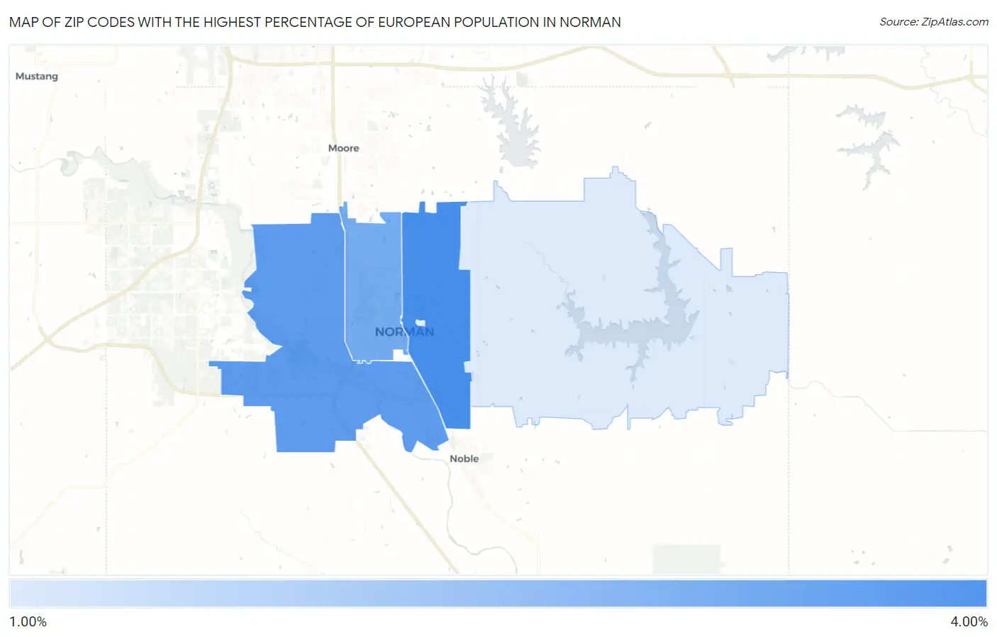Zip Codes with the Highest Percentage of European Population in Norman Map