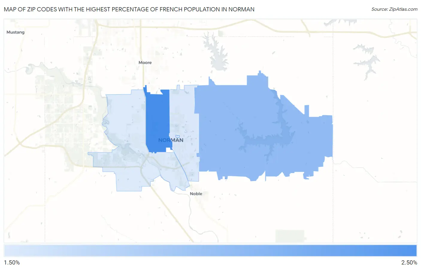 Zip Codes with the Highest Percentage of French Population in Norman Map