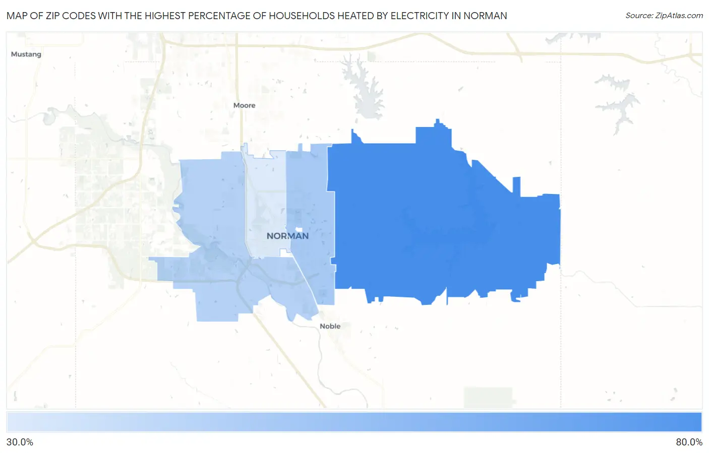 Zip Codes with the Highest Percentage of Households Heated by Electricity in Norman Map