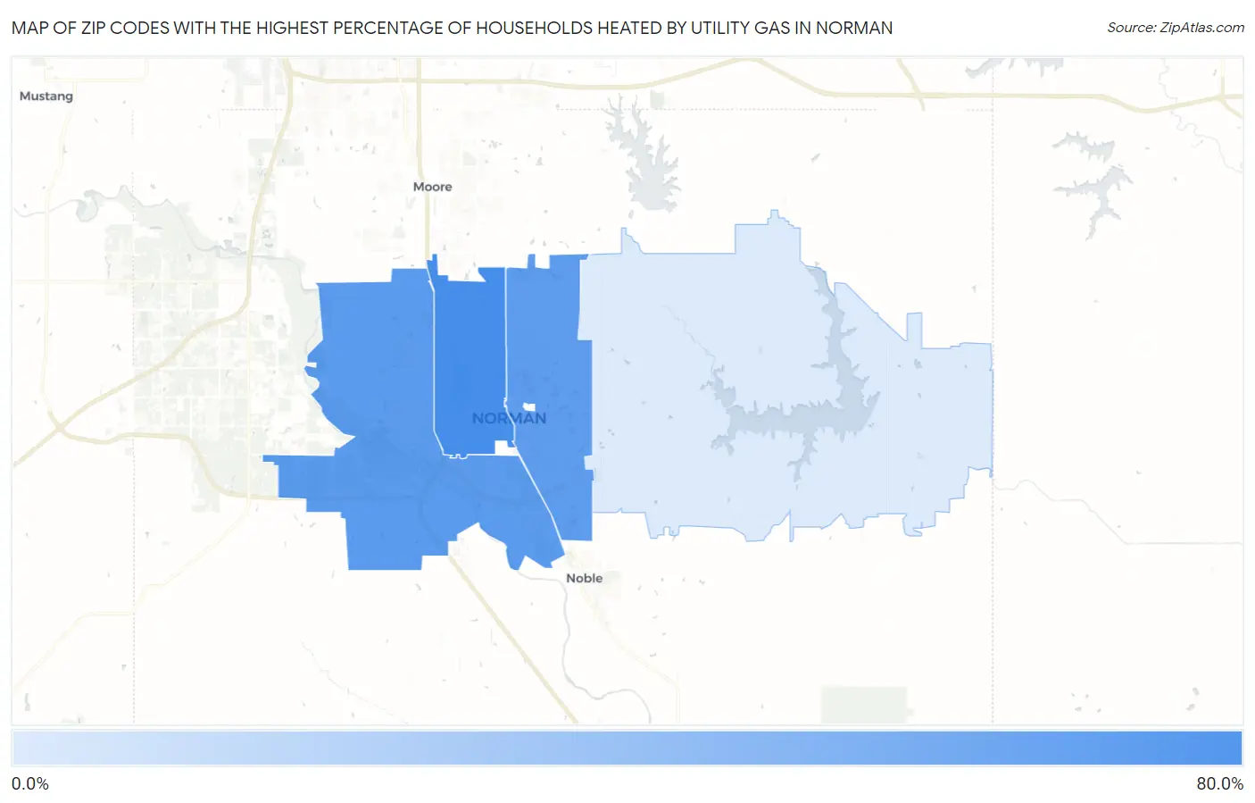 Zip Codes with the Highest Percentage of Households Heated by Utility Gas in Norman Map